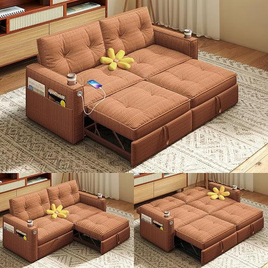 Rovibek 73.2" Convertible Sofa Bed, Pull Out Couch with USB Charging Port & Cup Holders, Adjustable Backrest, Side Pockets, Modern Corduroy Sleeper Sofa for Living Room, Bedroom, Apartment, Orange