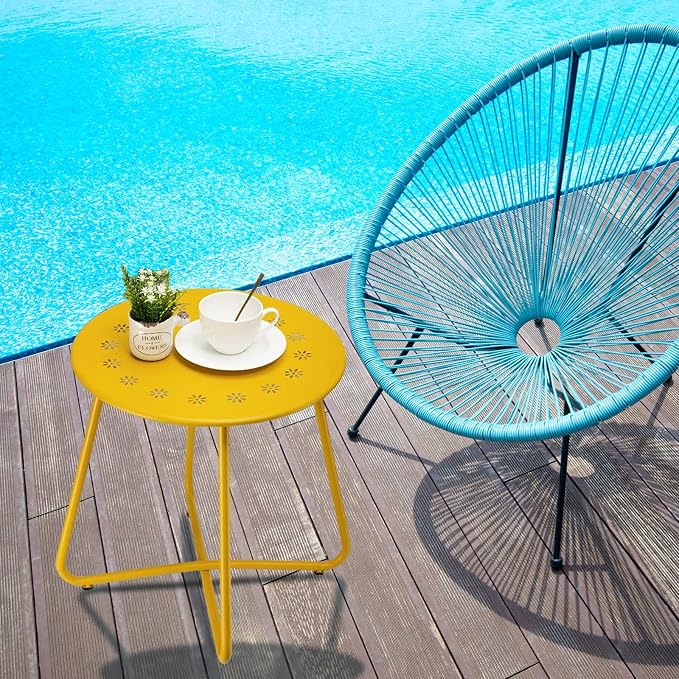 danpinera Outdoor Side Tables with Flower Cut Outs, Weather Resistant Steel Patio Side Table, Small Round Outdoor End Table Metal Side Table for Patio Yard Balcony Garden Yellow - Image 7