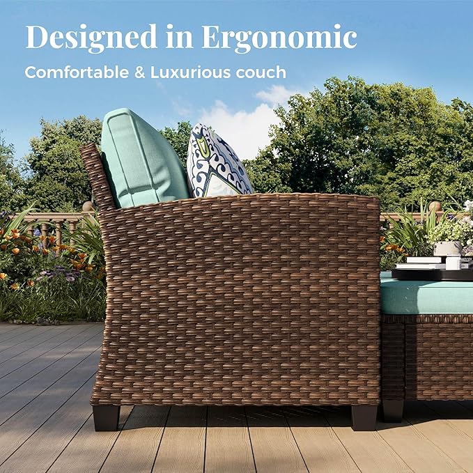 Patio Furniture Set, 7 Pcs Wicker Rattan Outdoor Conversation Set, 2 x Leg Chairs, 1 x 3 Seater Sofa, 1 x 2-Seat Lover Sofa and 2 x Ottomans with 4" Thick Cushion and 56" Fire Pit Table, Blue