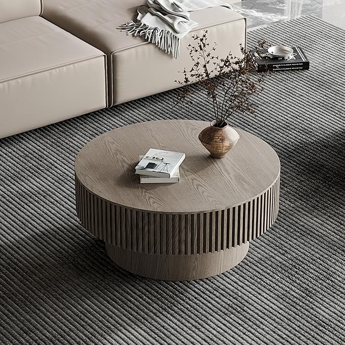 31.5" Storage Coffee Table Round Modern Coffee Table for Living Room, Circle Wood Center Tea Table Drum Accent End Table, with Hidden Space & Sturdy Base & Minimalist Fluted Side, Grey