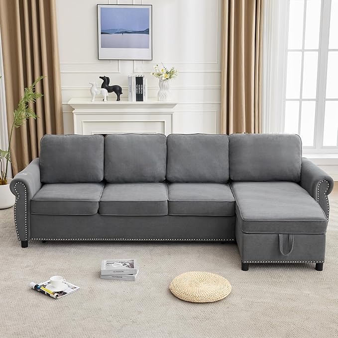 ERYE L-Shaped Reversible Sectional Sofa with Pull Out Queen Memory Mattress Sleeper Bed, 2-in-1 L-Shaped Corner Sectional Couches W/Wireless Charging, Storage Chaise Lounge