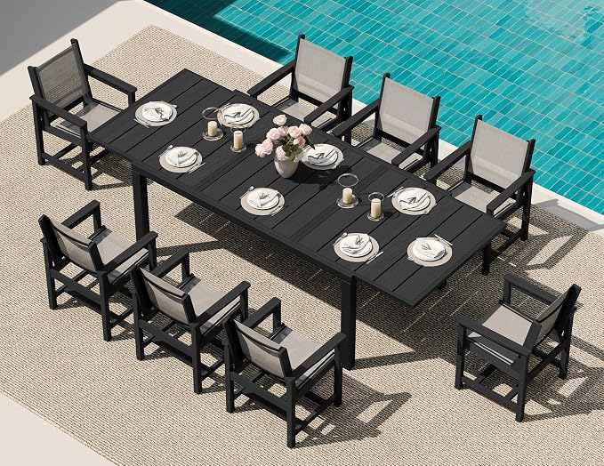 SERWALL 9-Piece Outdoor Dining Set, 60" - 83" Expandable Patio Dining Table with 8 Breathable Textilene Chairs, All Weather HDPE Patio Furniture Set, Black by SERWALL
