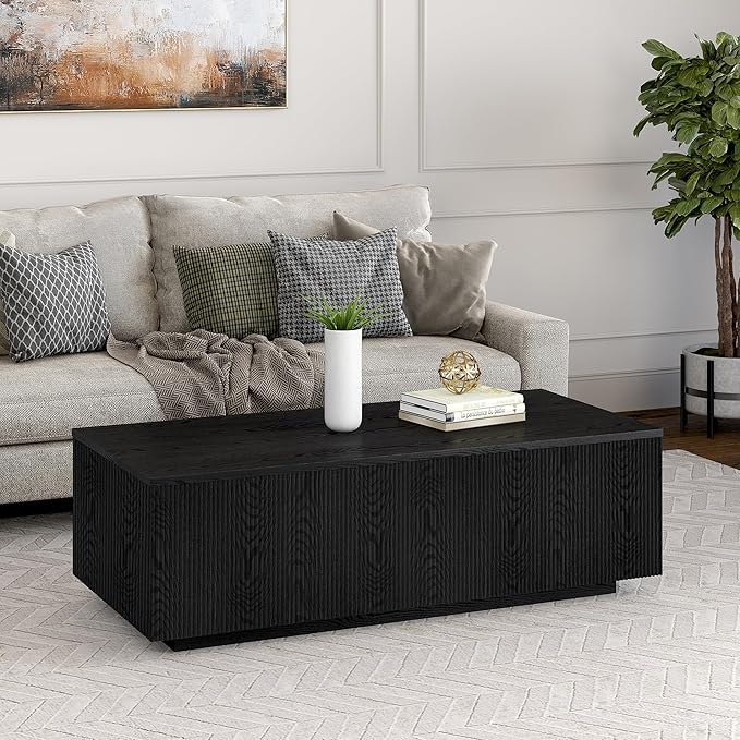 Henn&Hart 48" Fluted Rectangular Low-Profile Coffee Table with Ribbed Sides for Living Room, Family Room, or Office, Natural Black