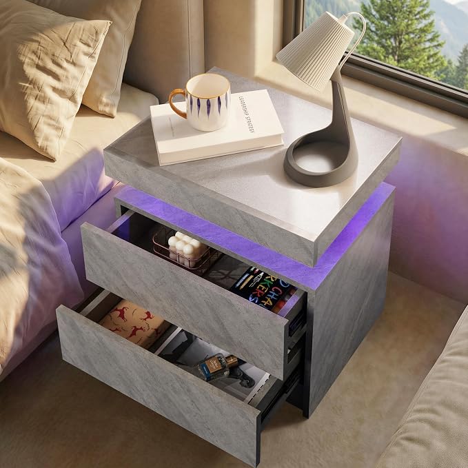 i-aplus LED Night Stand Modern Bedside Tables for Bedroom Grey Nightstand with 2 Drawers for Bedroom, Living Room - Image 4