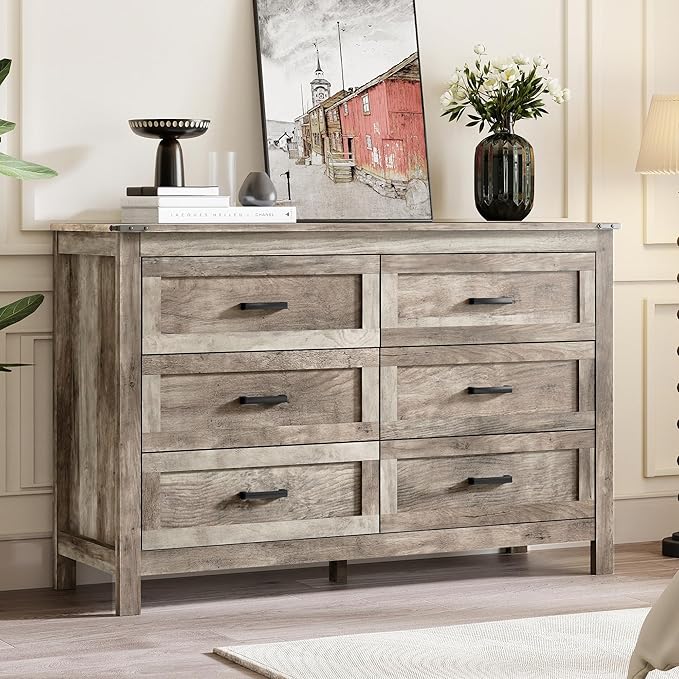 EazeHome 3-Piece Bedroom Furniture Set, 47.2” Wide Farmhouse 6-Drawer Dresser with 2 Nightstands, Retro Dresser and Nightstand Sets, Antique Gray