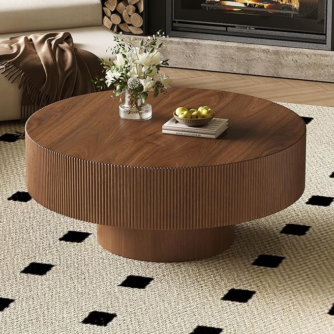 Merax Modern 35.4 Inch Round Large Coffee Table with Sturdy Base, Wood Minimalist Fluted Center Table for Living Room Reception Room, Easy Assemble, Walnut