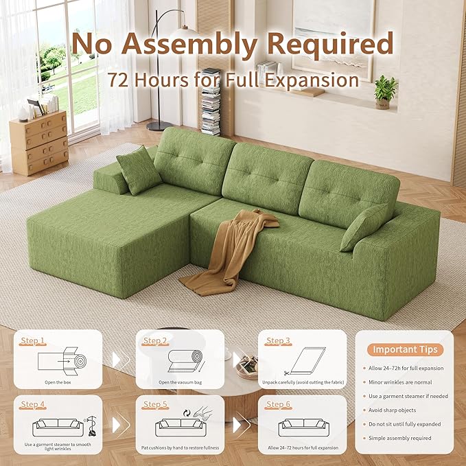 Ball & Cast 106" Modular Sectional Sofa,Cloud Chenille Couch with Deep Seat,Boneless L-Shaped Sectional,Modern Comfort Upholstered Sofa for Living Room,No Assembly Required (Green, Left Facing Chaise)