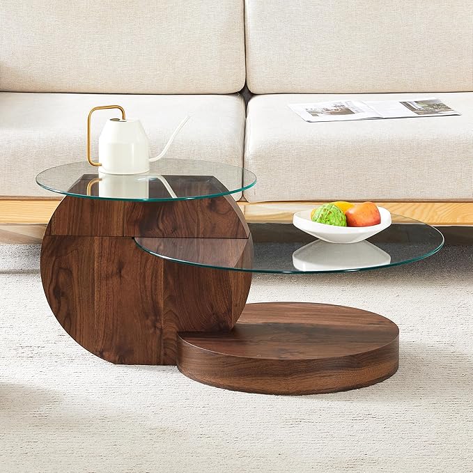 35.4" Glass Coffee Table, Round Coffee Table, 2-Tier Tempered Glass Tabletop with Walnut Base, Modern Center Table for Living Room, Home, Apartment, Ideal for Small Space