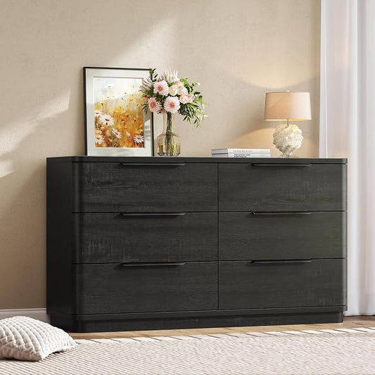 6 Drawer Dresser for Bedroom, 54" Wide Modern Chest of Drawers with Metal Handle, Curved Profile Design, Wooden Black Dresser Closet Clothes Storage TV Stand for Living Room, Hallway by beronbaer