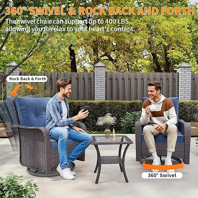 Gotland 12 Pieces Patio Furniture Set with Swivel Chair, PE Rattan Outdoor Furniture with 29.5'' High Backrest 4’’ Thick Cushions Coffee Table, Patio Set for Porch, Deck, Backyard, Navy