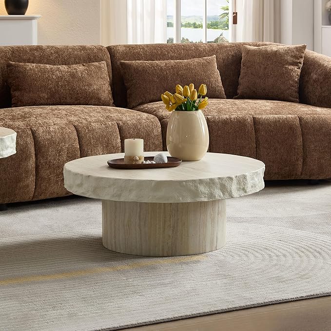 Round Coffee Table, 31.69" Fiberglass Faux Marble Pattern Imitation Stone Table Cement Center Table for Living Room Apartment