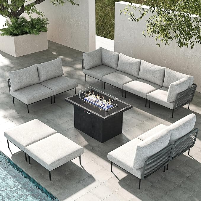 LayinSun 11 Pieces Aluminum Patio Furniture Set, Modern Modular Sectional Sofa with Fire Pit Table and Upgrade Thickness Cushion