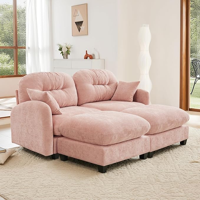 KEIKI 74" Oversized Chenille Modular Sectional Loveseat Sofa with 2 Ottoman, High-Density Foam Cushions, Tufted Pleated Cushion Backrest, Modern 2-Seater Couch with 2 Pillow, for Living Room, Pink
