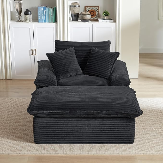 52" Oversized Chaise Lounge Chair Boneless Sofa Bed, Plush Corduroy Upholstered Cloud Lounge Sofa Couch with Ottoman, Modern Deep Seat Sleeper Chair w/Thickness Cushions for Living Room, No Assembly