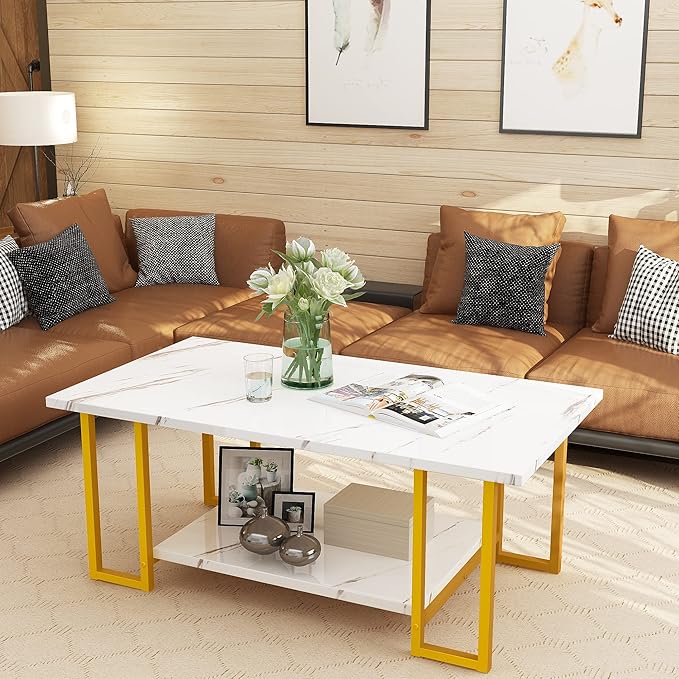 AWQM Marble Coffee Table, Faux Marble Top Rectangular Coffee Table with Gold Metal Frame, 2 Tier Living Room Table for Living Room, Office, Balcony, 40 Inch, White and Gold