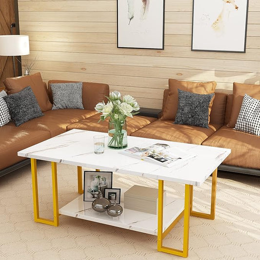 Lamerge Coffee Table, Modern Faux Marble Top Coffee Table with Metal Frame and Storage Shelf, 2-Tier Rectangle Accent Cocktail Table for Living Room, Office, White Gold