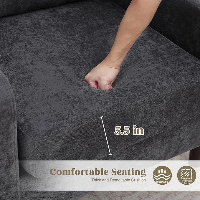 Accent Chair for Living Room, Modern Reading Chair for Bedroom, Upholstered Armchair with Wood Legs and Side Pockets, Single Sofa Side Chair for Office, Small Room, Apartment, Dark Grey