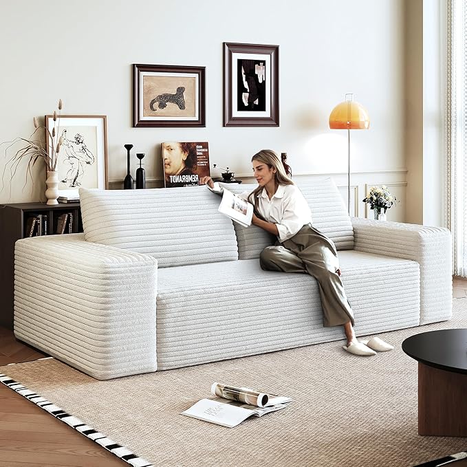 JINGLING 63" Small Couches for Small Spaces, Comfy Boneless Couch in a Box, Love Seat Compressed Sofa for Living Room Bedroom, Apartment Furniture, No Assembly, Corduroy, White