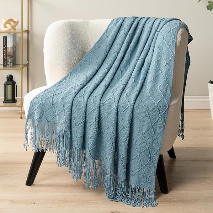PAVILIA Dusty Blue Knit Throw Blanket for Couch Bed, Soft Knitted Farmhouse Sofa Throw for Living Room, Lightweight Decorative Summer Throw Blanket for Chair, Outdoor Textured Boho Blanket, 50x60
