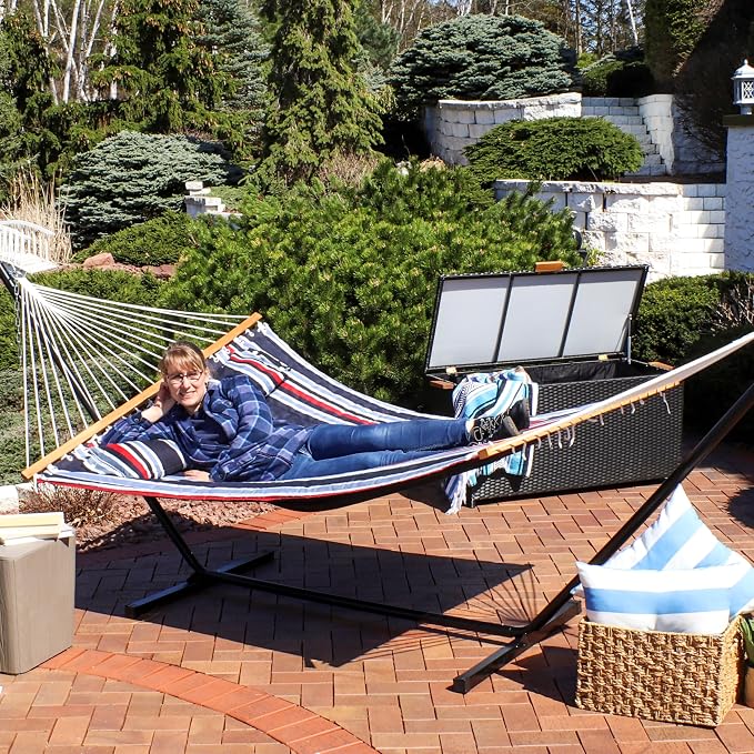 Sunnydaze Quilted Double Hammock for Outside with Spreader Bars and Pillow - 450 lb Capacity, 74x55 Inch Bed, UV Resistant, Quick Dry - Chains Included, Stand Sold Separately - Nautical Stripe - Image 8