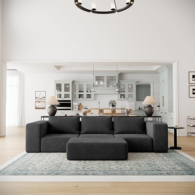 Acanva Oversized Modular Sectional Sofa with Removable Washable Slipcovers, Modern Low Profile Deep Seat Couch for Living Room, Chenille-Black, 3 Armless Chairs & 3 Armrests/Ottomans