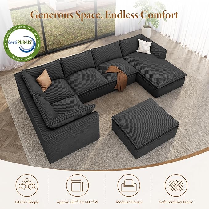 Vesgantti 141.7" Oversized Boneless Sectional Couch, 7 Seater Modular Sofa with Chaise & Ottoman & Armrest, Deep Seat Corduroy Cloud Couches for Living Room, No Assembly Required, Black