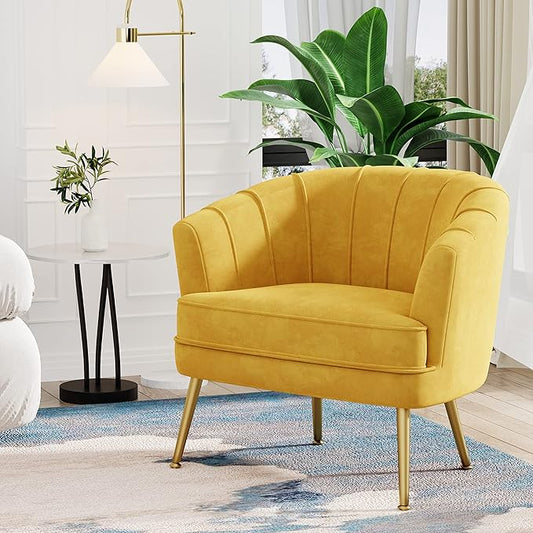 Andeworld Velvet Accent Chair, Upholstered Modern Single Sofa Side Chair,Comfy Barrel Club Living Room Armchair with Golden Metal Legs for Bedroom Living Reading Room Office, Yellow