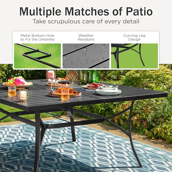 PHI VILLA Large Outdoor Square Dining Table for 8, 60" Metal Steel Slat Table with Umbrella Hole, Weather-Resistant Dining Fruniture for Patio, Deck, Backyard, Porch - Black - Image 5