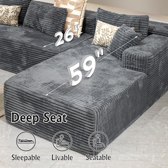 Grey sectional couches for Living Room-Corduroy Couch，104" Cloud Sectional Couch with L-Shape Chaise， Modern Modular Sofa, Deep Seat Comfort, No Assembly Required(Plush Corduroy Fabric)