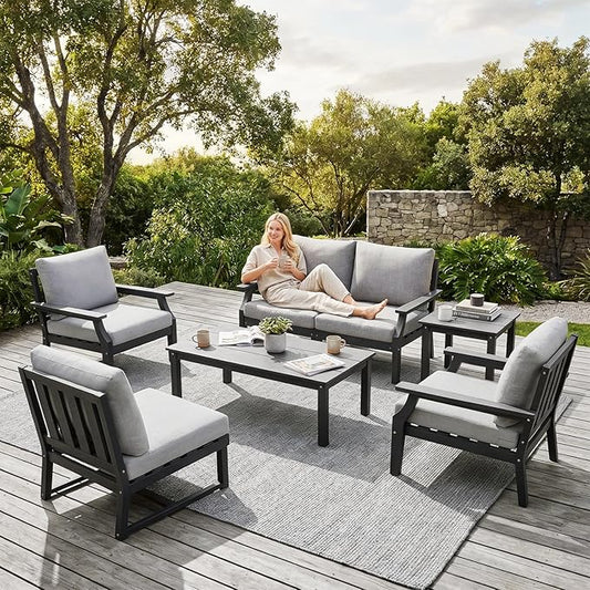 HDPE Patio Conversation Set, 7-Piece All Weather Outdoor Furniture Set with 2 Single Armchairs for Deck, Lawn, with Cushion, Black