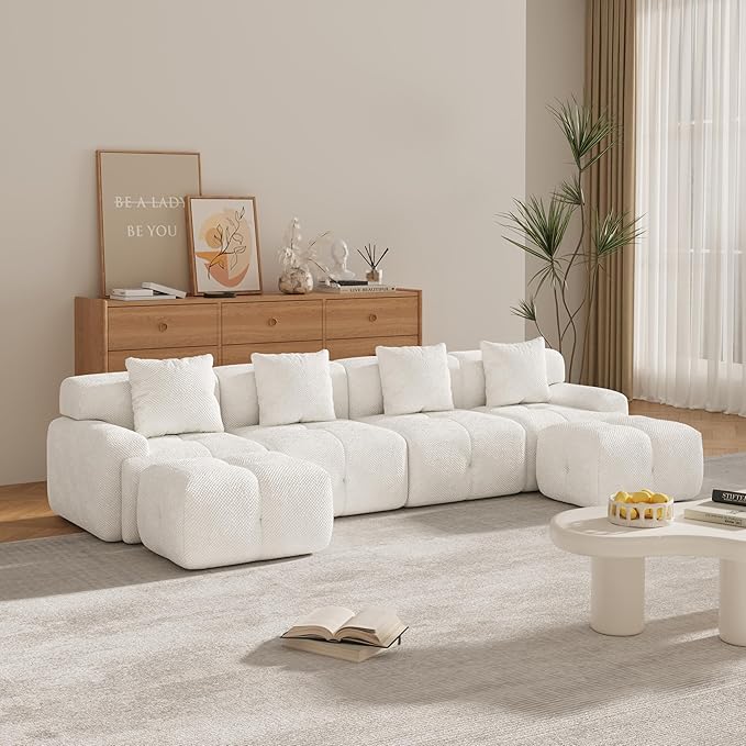 135" U-Shaped Compressed Sectional Cloud Sofa, Flannel Upholstered Modular Tufted Sofa with 6 Pieces, Symmetrical Boneless Foam Modular Cloud Couches for Living Room