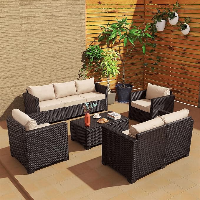 Rattaner 5-Piece Outdoor Furniture Set Patio Furniture Set Outdoor Couch Coffee Table with Storage Non-Slip Cushions and Waterproof Covers, Khaki