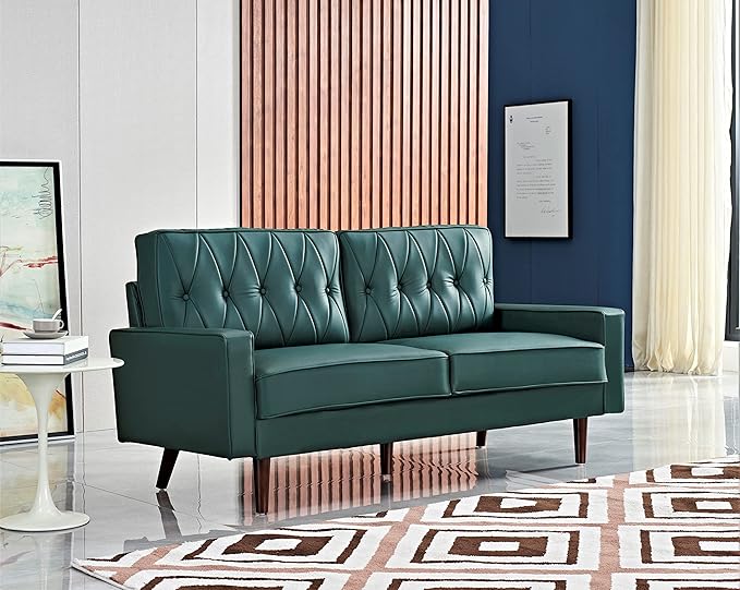 Container Furniture Modern Style Faux Leather Sofa with Elegant Round Tapered Legs and Button Tufted Backrest Perfect for Living Room, Bedroom or Home Office, 69.3’’ Wide, Blue Green