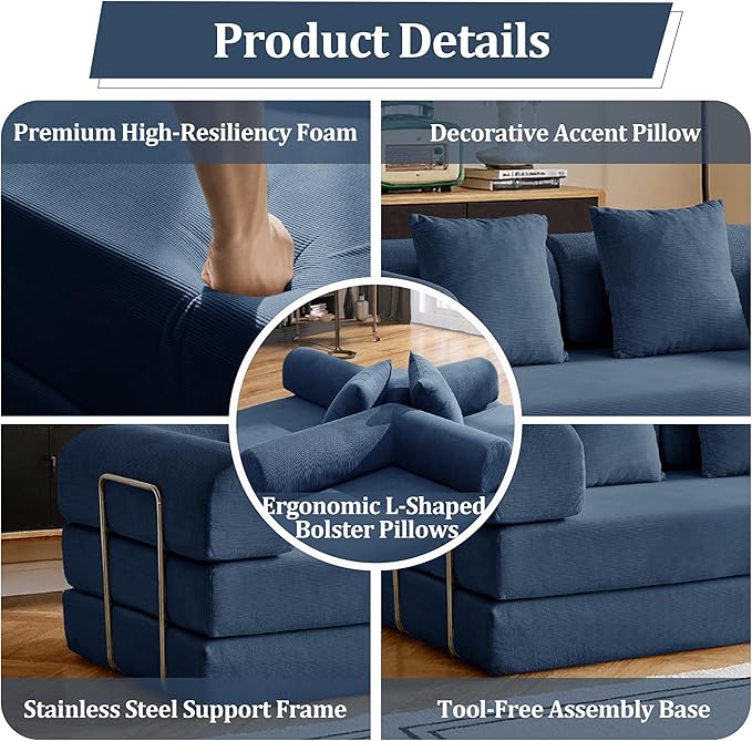 79'' Convertible Compressed Corduroy Folding Cloud Sofa Bed, 5 in 1 Modern Modular Boneless Pull Out Loveseat Sleeper in a Box, No Assembly Floor Mattress Futon Couch for Home, Blue, Pillows, King