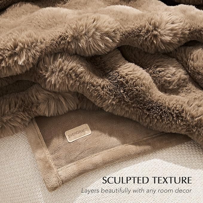 EverGrace Ultra Soft Luxury Fluffy Faux Rabbit Fur Throw Blanket, Thick Warm Bubble Throw for Bed, Cozy Plush Reversible Blankets for Couch, Chair, Sofa, Natural Tan, 60x80 Inches