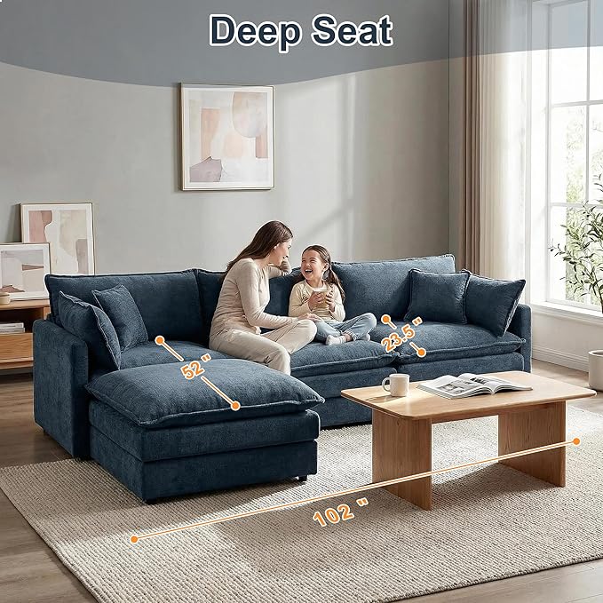 102" Cloud Couch Sectional, Modular Sectional Sofa with Chaise & 4 Removable Washable Pillows, Oversized L-Shaped Couch for Living Room, Modern 3-Seat Cloud Sofa Sectional with Deep Seat, Blue