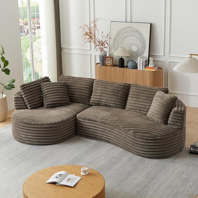 Plush Corduroy Cloud Sectional Sofa with Curved Chaise, Oversized 2 Pieces Modular Lounge Sofa with Deep Seat, Upholstered Sponge Compressed Couches for Living Room Bedroom,No Assembly Required