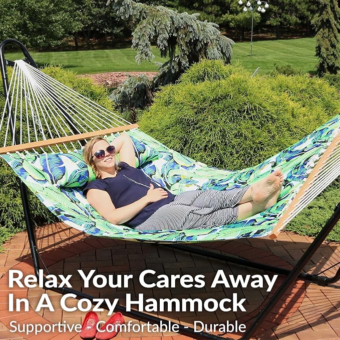 Sunnydaze Quilted Double Hammock for Outside with Spreader Bars and Pillow - 450 lb Capacity, 74x55 Inch Bed, UV Resistant, Quick Dry - Chains Included, Stand Sold Separately - Exotic Foliage - Image 4