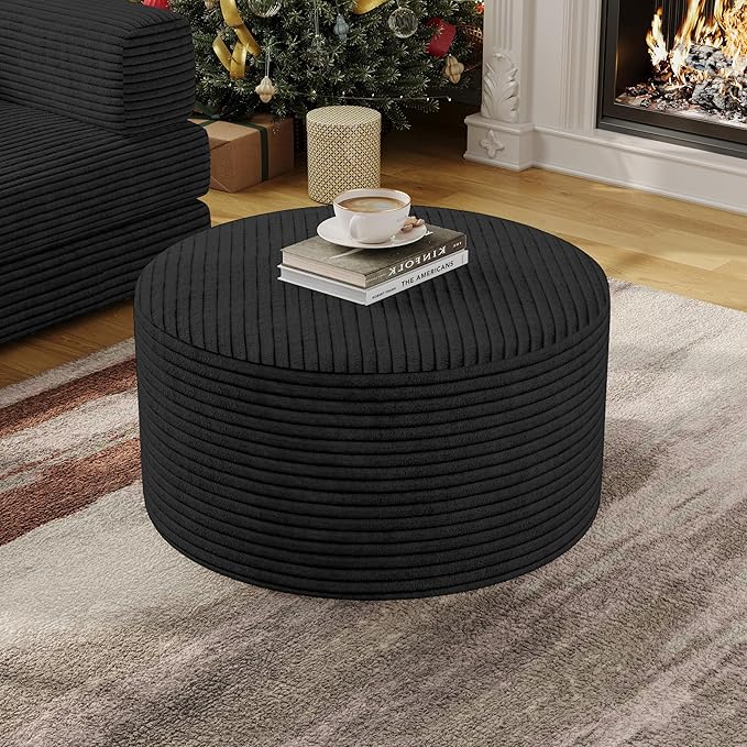 Round Coffee Table Ottoman for Corduroy Cloud Sectional Couches in a Box Memory Foam Compressed Pouf Footstool Rest for Living Room, Bedroom, Makeup Room No Assembly Require(Black, 32")