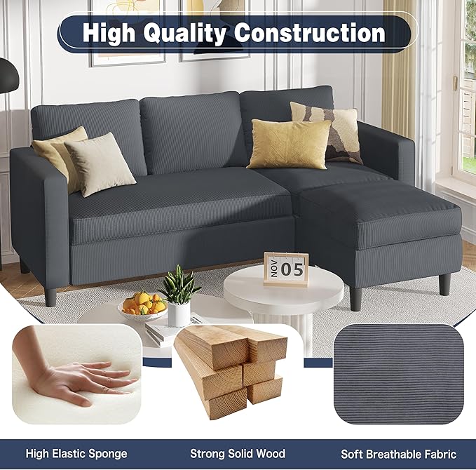 Shintenchi Convertible Sectional Sofa Couch,L-Shaped Modular Sofas with Reversible Ottoman,3-Seat Upholstered Corduroy Sofa Couch,Small Couches for Apartment,Living Room and Office(Dark Grey)