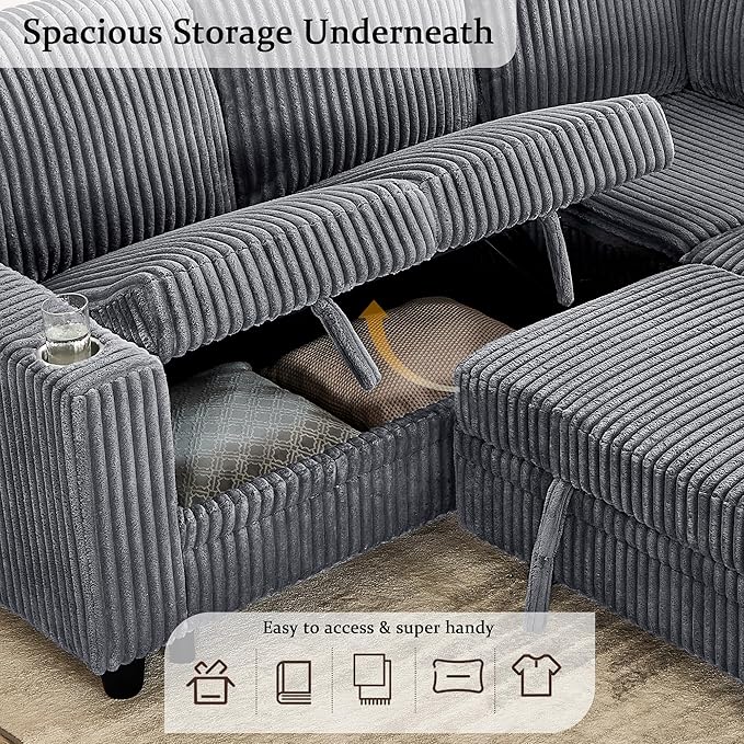 81" Modular Sectional Sofa, L-Shaped Convertible Sectional Sleeper Sofa Bed with Pull Out Bed, Storage Chaise, USB & Type-C Charging, 5-Seat Corduroy Couch for Living Room Apartment, Grey