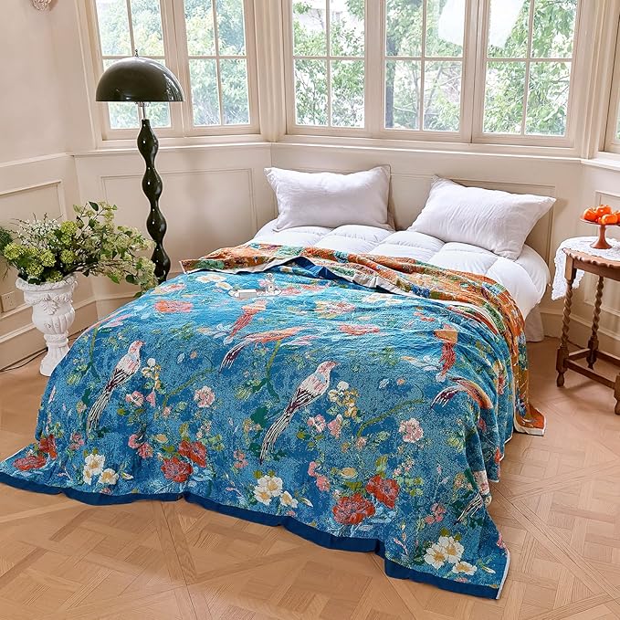 Boho Throw Blanket - 100% Cotton Ultra Soft Muslin Spring Blanket, 50"x60" Lightweight Floral Bird Printed Framhouse Bedding Blanket for Bed, All Season Blue Bohemian Bedroom Home Decor Quilt