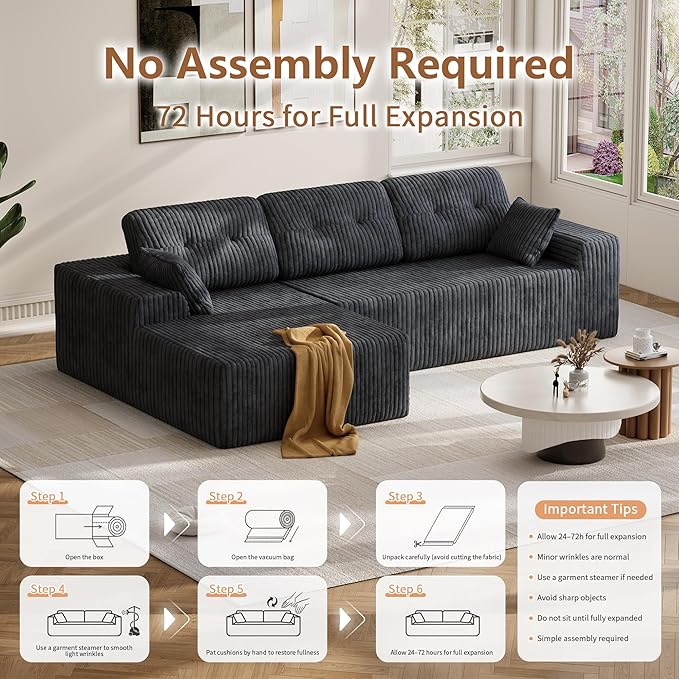 Ball & Cast 106" Cloud Modular Sectional Sofa, Boneless Corduroy Couch with Deep Seat, Comfy L-Shaped Sectional, Modern Upholstered Sofa for Living Room, No Assembly (Gray, Left Facing Chaise)