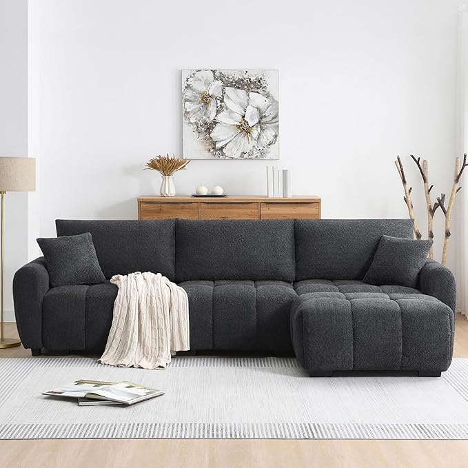 ERYE 110" L-Shaped Sectional Sofa 4 Seat Tufted Sofa Couches with Ottoman, Oversized Tufted Boucle Upholstered Corner Sectional Couch for Living Room Home Apartment