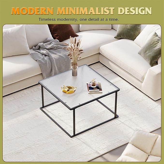 WLIVE Glass Coffee Table, Small Modern Coffee Table for Living Room with Wave Textured Glass & Metal Frame, Square Center Table for Small Spaces Apartment, Office, 26.4 x 26.4in, Dark Black