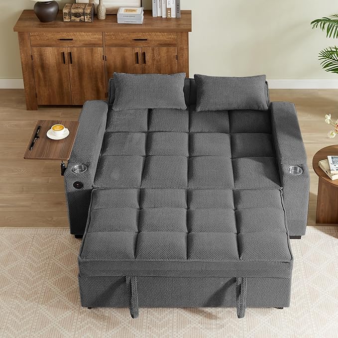 Eafurn Convertible Sleeper Sofa Bed with 360° Swivel Table & USB Ports, Tufted Chenille Loveseat Pull-Out Couch with Storage Armrest & Cup Holders, 6-Level Adjustable Backrest
