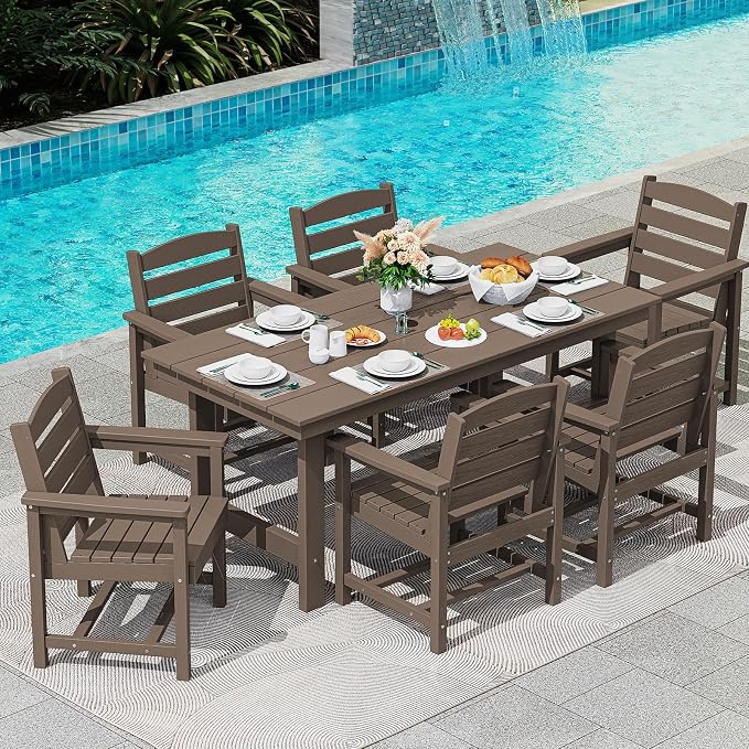 SERWALL 7-Piece Patio Dining Table Sets, Outdoor HDPE Dining Furniture Set with Umbrella Hole Cut-Out Table and 6 Chairs, All Weather Dining Set for Lawn, Garden, Backyard, Poolside, Coffee - Image 7
