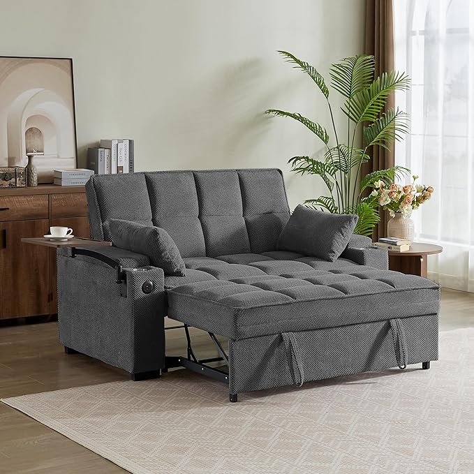 Eafurn Convertible Sleeper Sofa Bed with 360° Swivel Table & USB Ports, Tufted Chenille Loveseat Pull-Out Couch with Storage Armrest & Cup Holders, 6-Level Adjustable Backrest