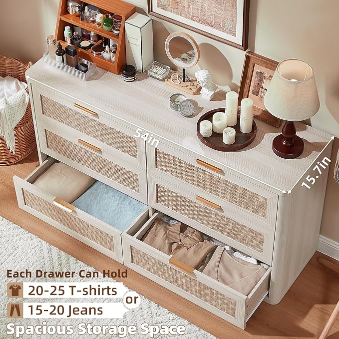 LEYAOYAO Rattan 6 Drawer Dresser for Bedroom Set of 2, Boho 54" Wide White Dresser Chest of Drawers, Dressers TV Stand with Metal Handle, Storage Dressers Closet Organizer for Living Room, Hallway - Image 5