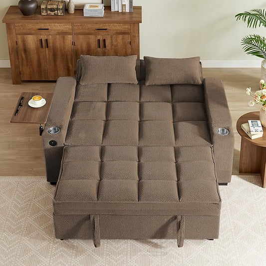 Eafurn Convertible Sleeper Sofa Bed with 360° Swivel Table & USB Ports, Tufted Chenille Loveseat Pull-Out Couch with Storage Armrest & Cup Holders, 6-Level Adjustable Backrest